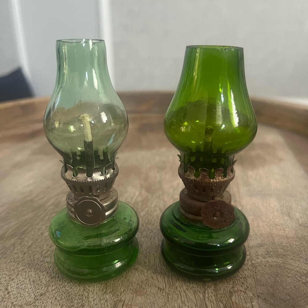 Two Vintage Miniature 4 inch Green Glass Oil Lantern Lamps Metal Decorative